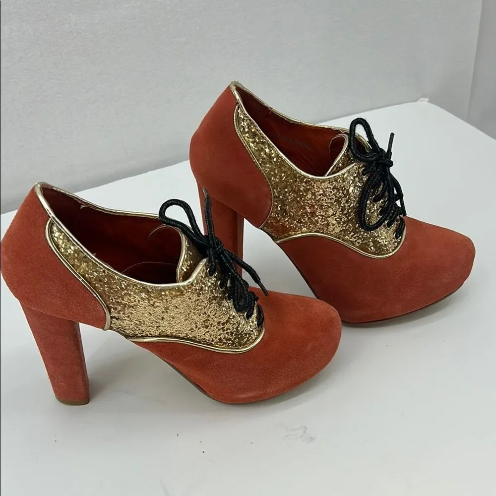 Urban Outfitters Kimchi Blue Gold Glitter & Orange Suede Disco Heels